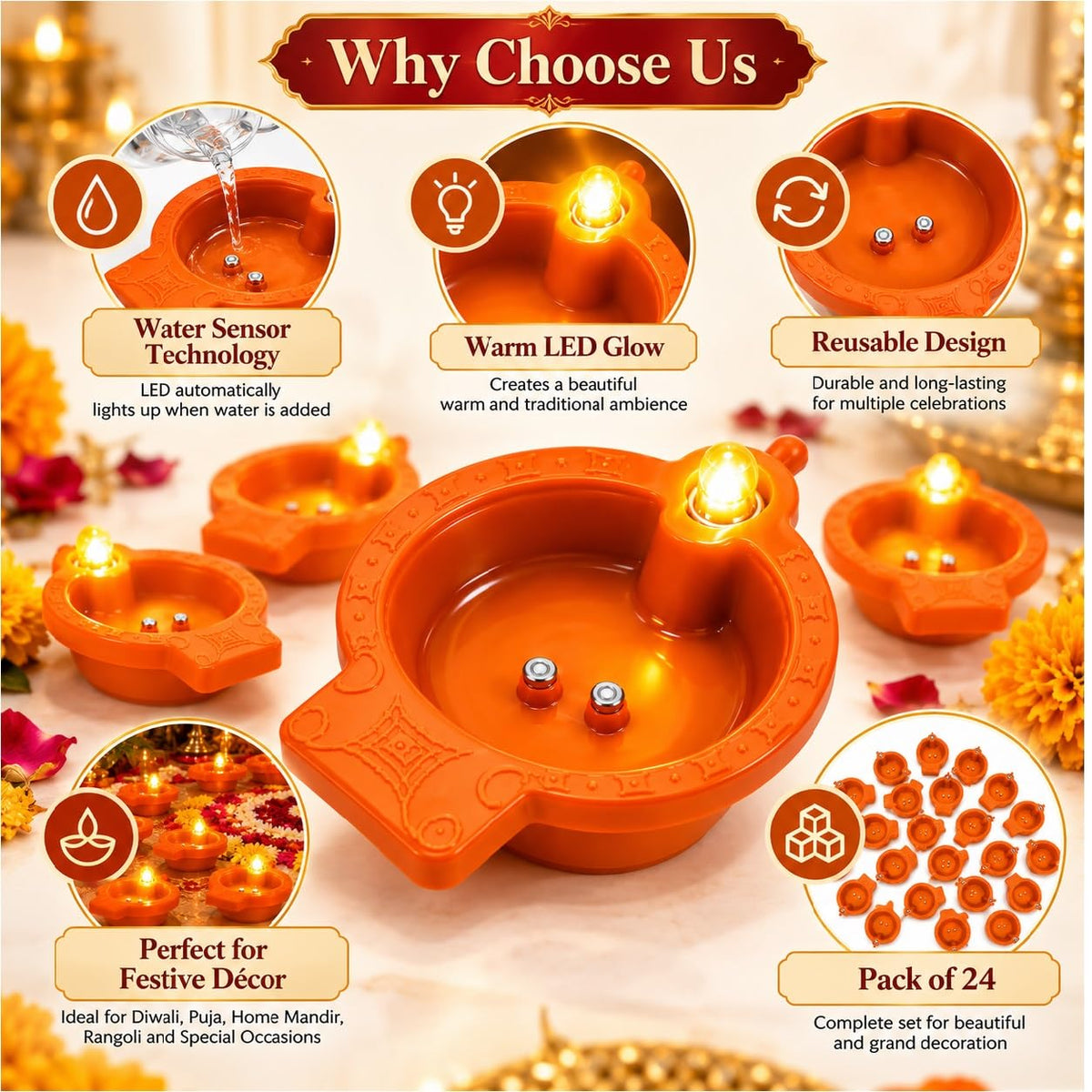 Water Sensor LED Diya for Pooja Pack of 24