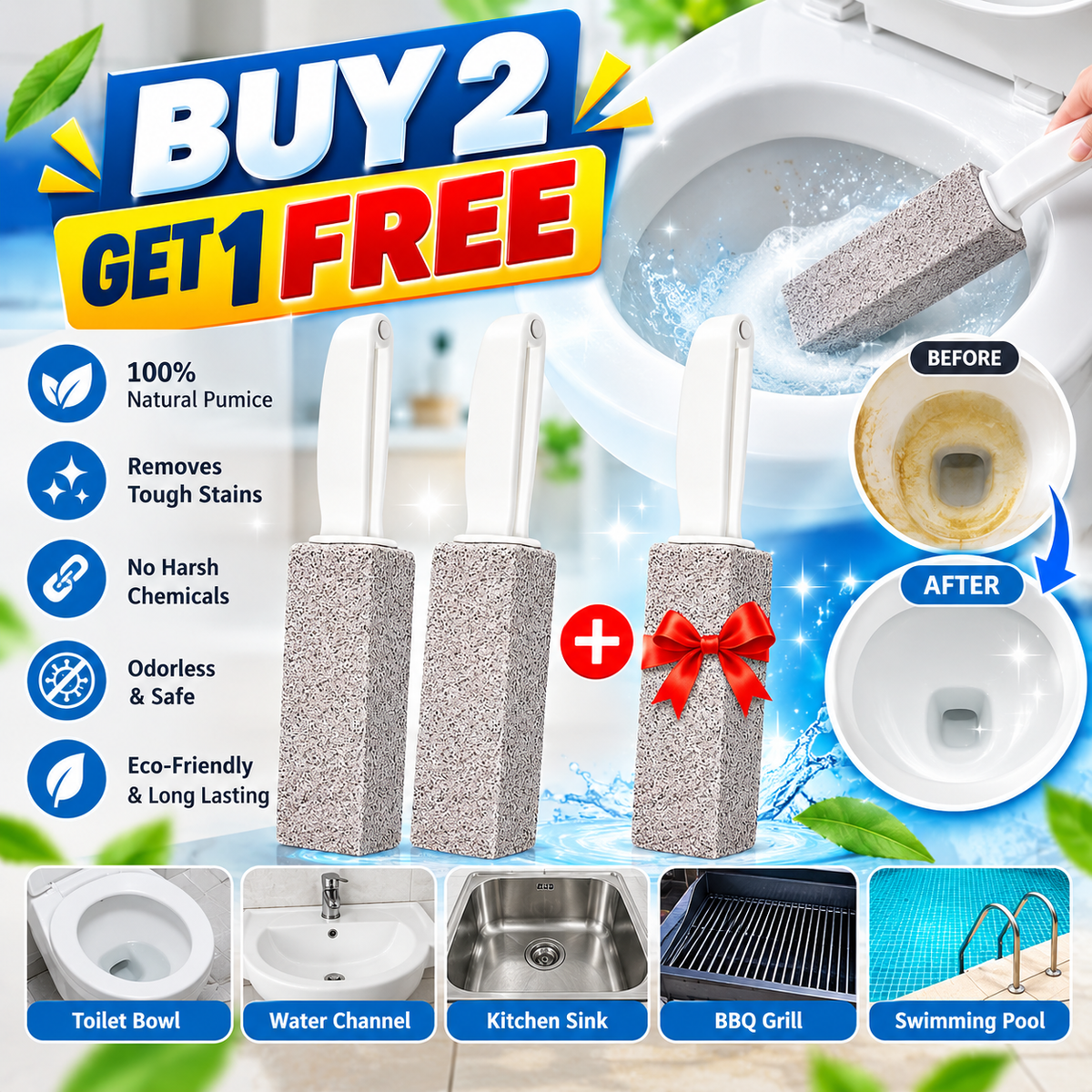Pumice Stone for Toilet Bowl Cleaning with Stick Handle Buy Pack of 2 and Get 1 Free