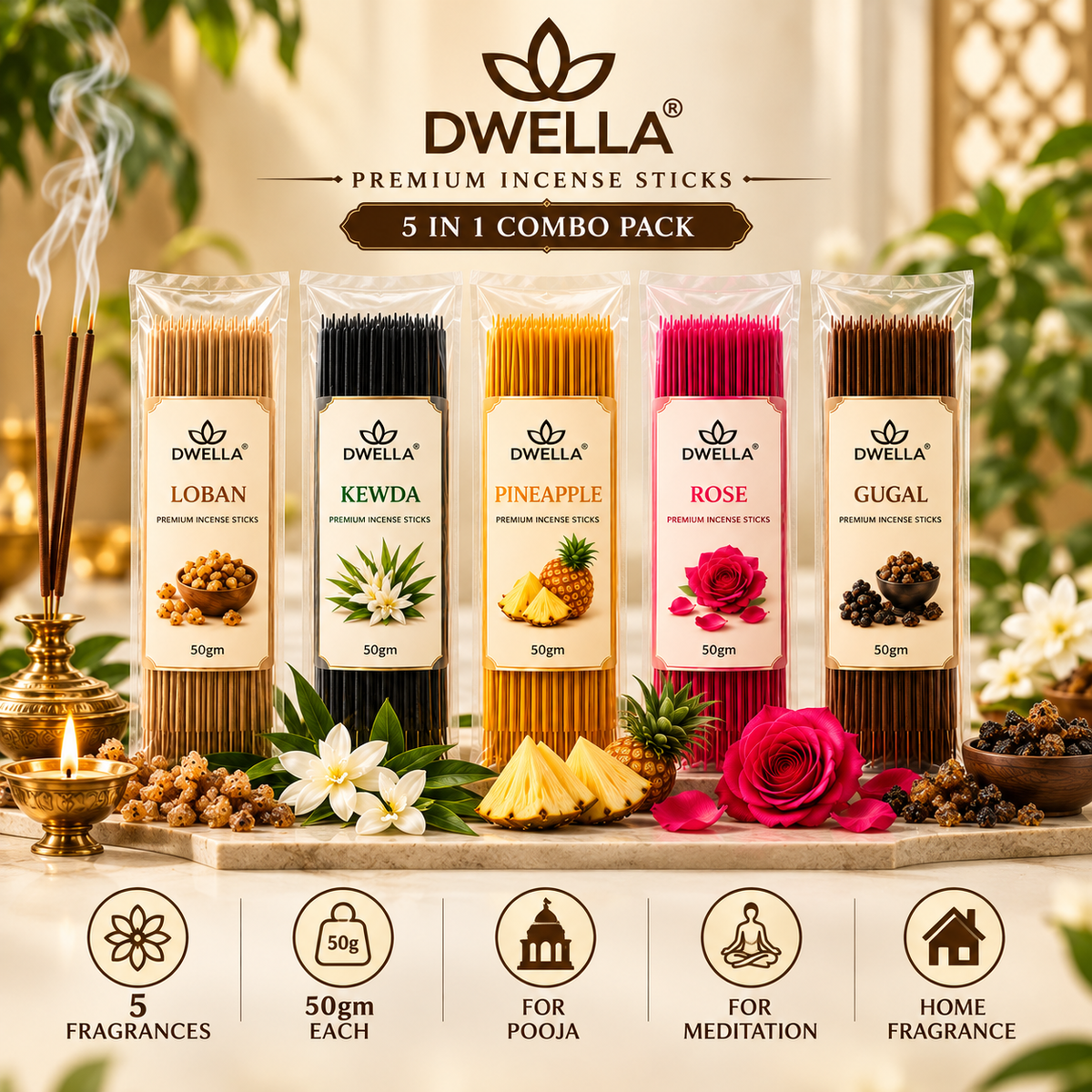SWISAURA 4 Jar Incense Stick Combo – Mogra, Chandan, Rose & Lavender 300gram