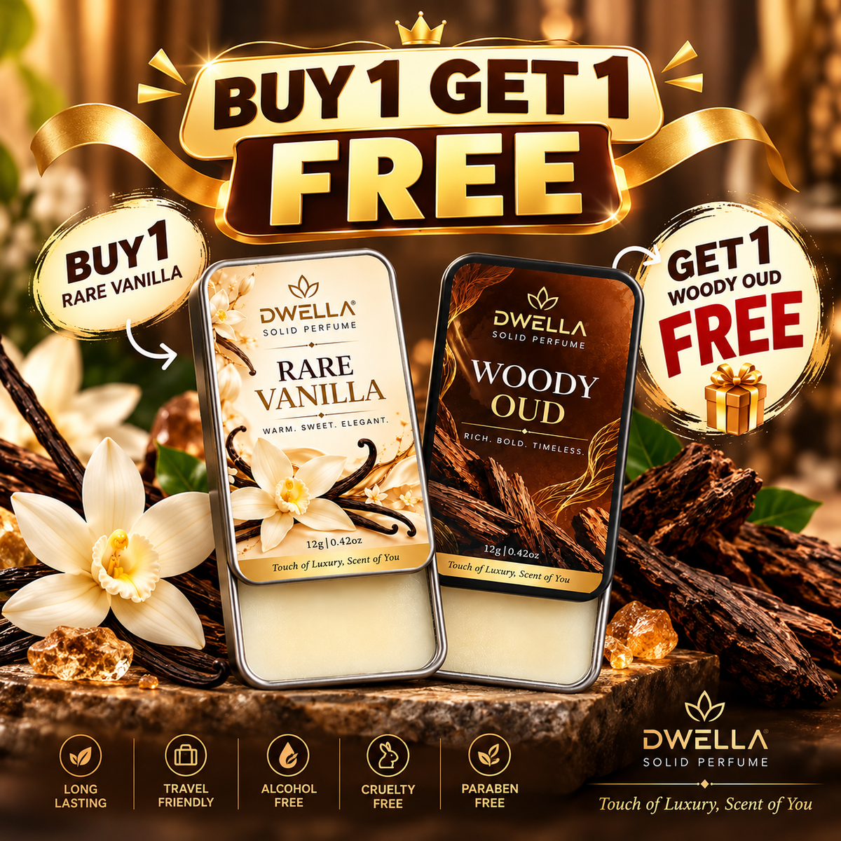 Rare Vanilla Solid Perfume & Get Woody Oud FREE | Buy 1 Get 1 Free