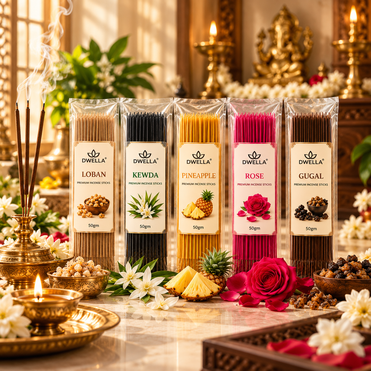 SWISAURA 4 Jar Incense Stick Combo – Mogra, Chandan, Rose & Lavender 300gram