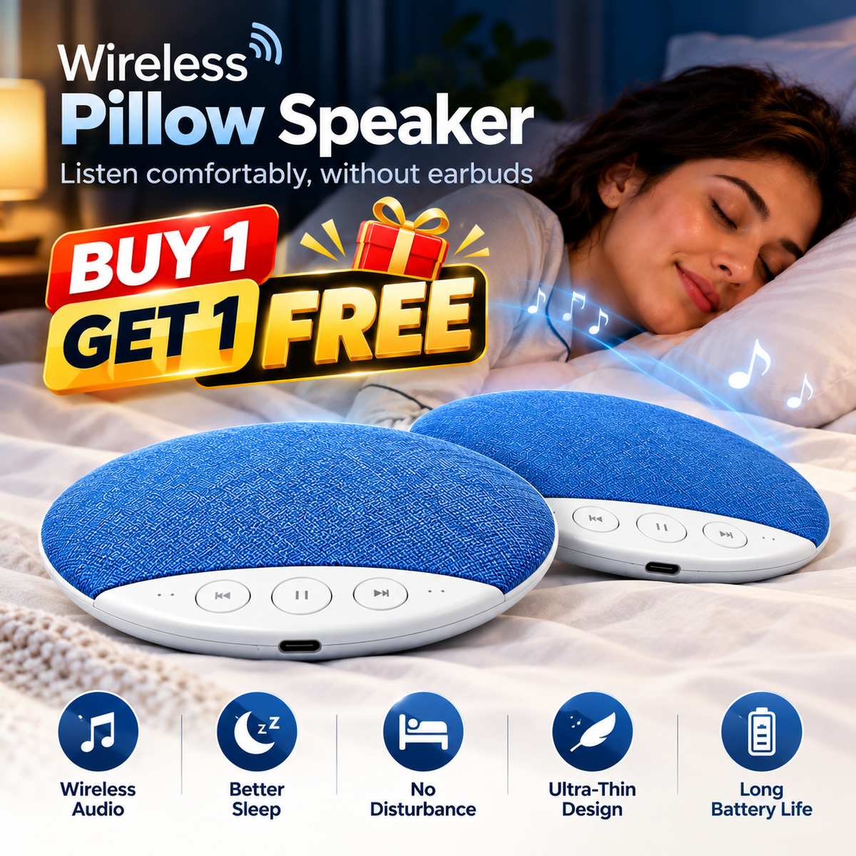 Pillow Speaker for Sleeping, Wireless Sleep Aid with White Noise Buy 1 get 1 Free